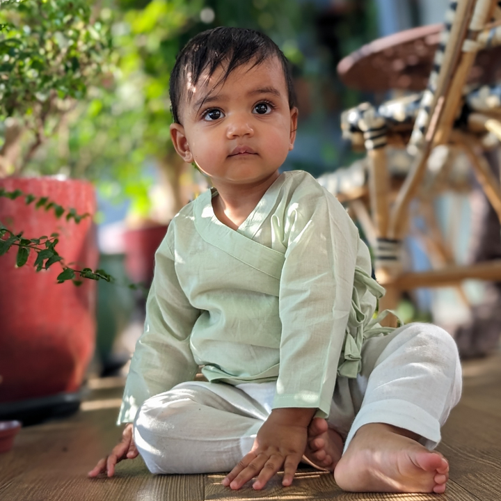 Mint green cotton muslin baby angrakha jhabla for newborns – Tura Turi
