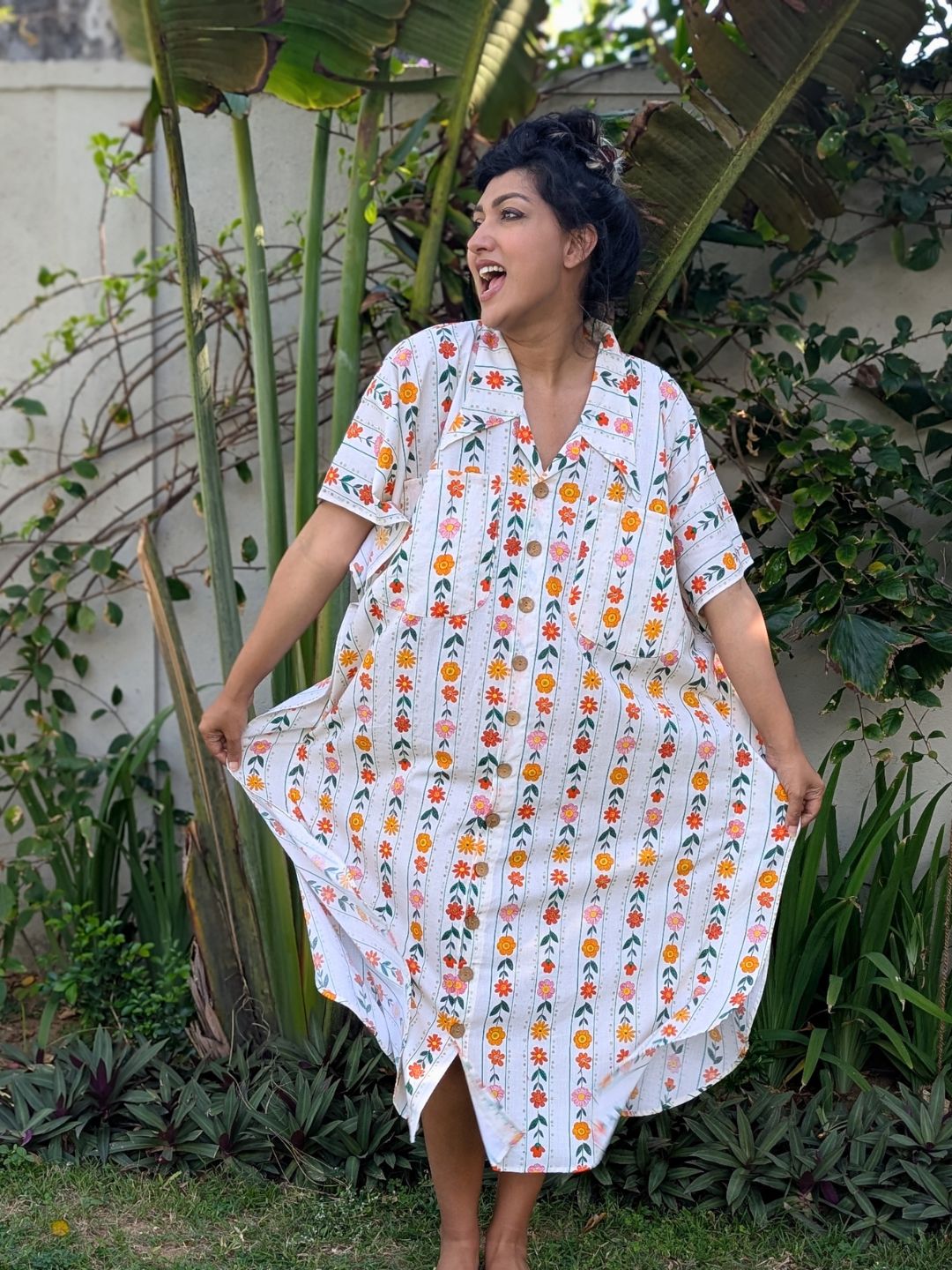 Women’s floral pinstriped cotton no-bra nightshirt with feeding-friendly buttons and relaxed lounge wear fit