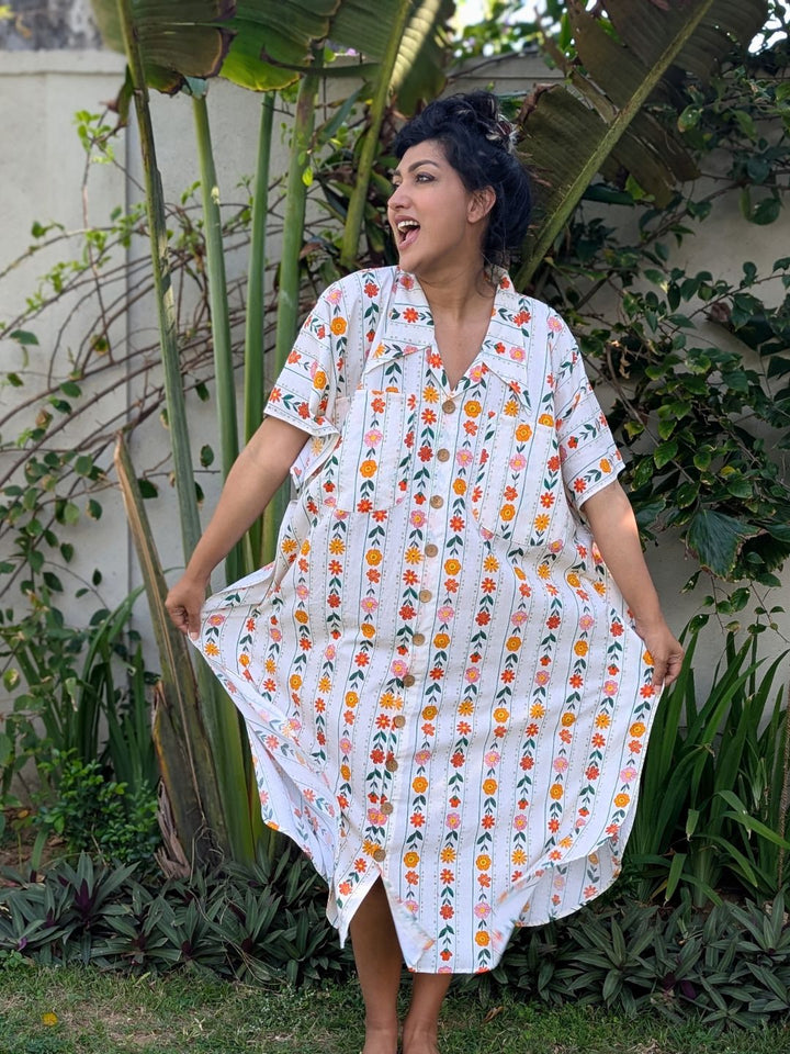Women’s floral pinstriped cotton no-bra nightshirt with feeding-friendly buttons and relaxed lounge wear fit