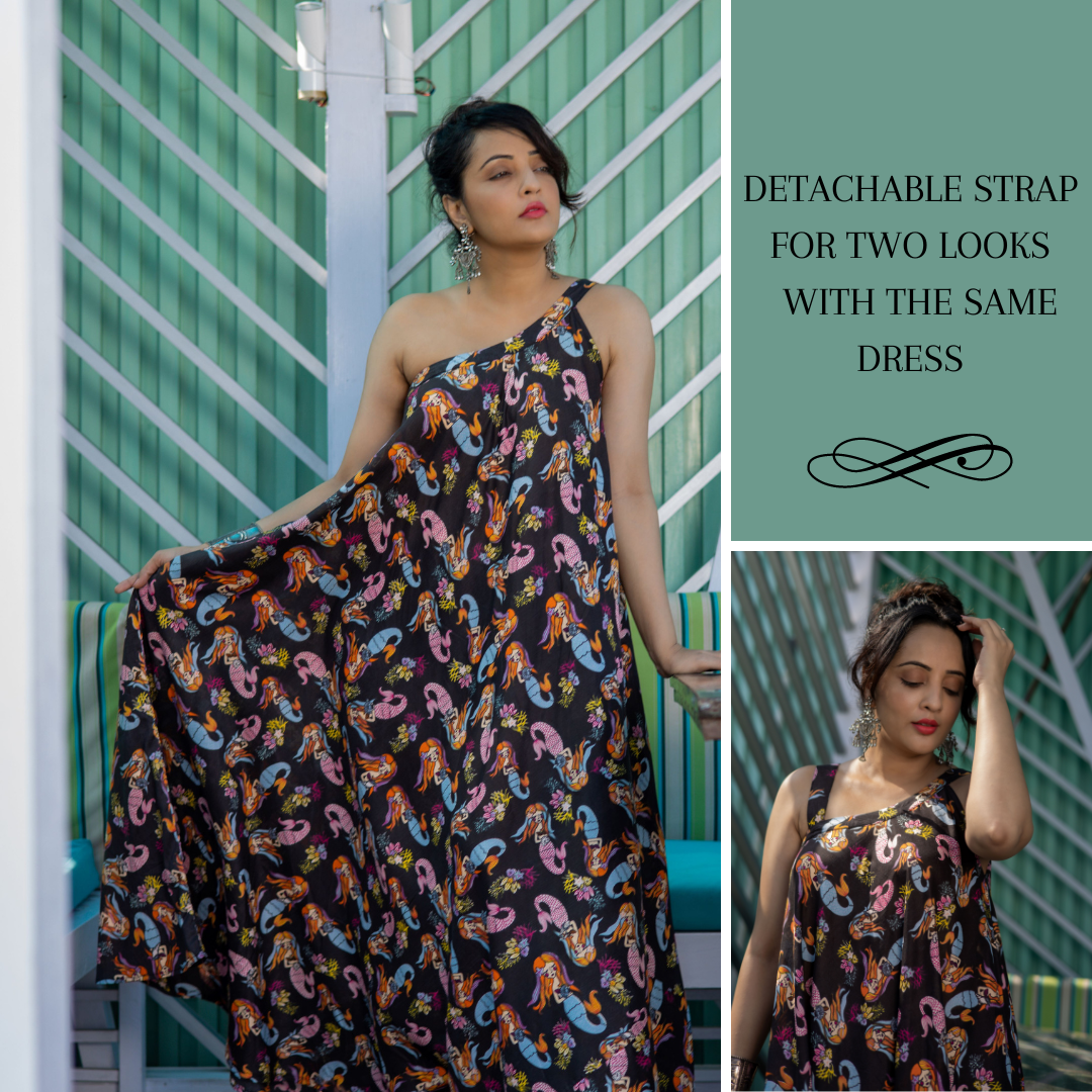 Asymmetrical Shoulder Flared Dress | Mermaid Black