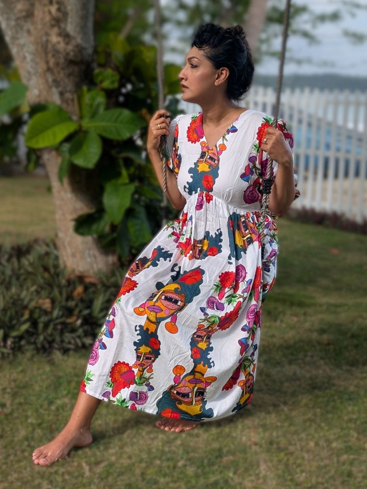 Boho Cotton Midi Summer Dress for Women in Hand-Drawn Floral Print
