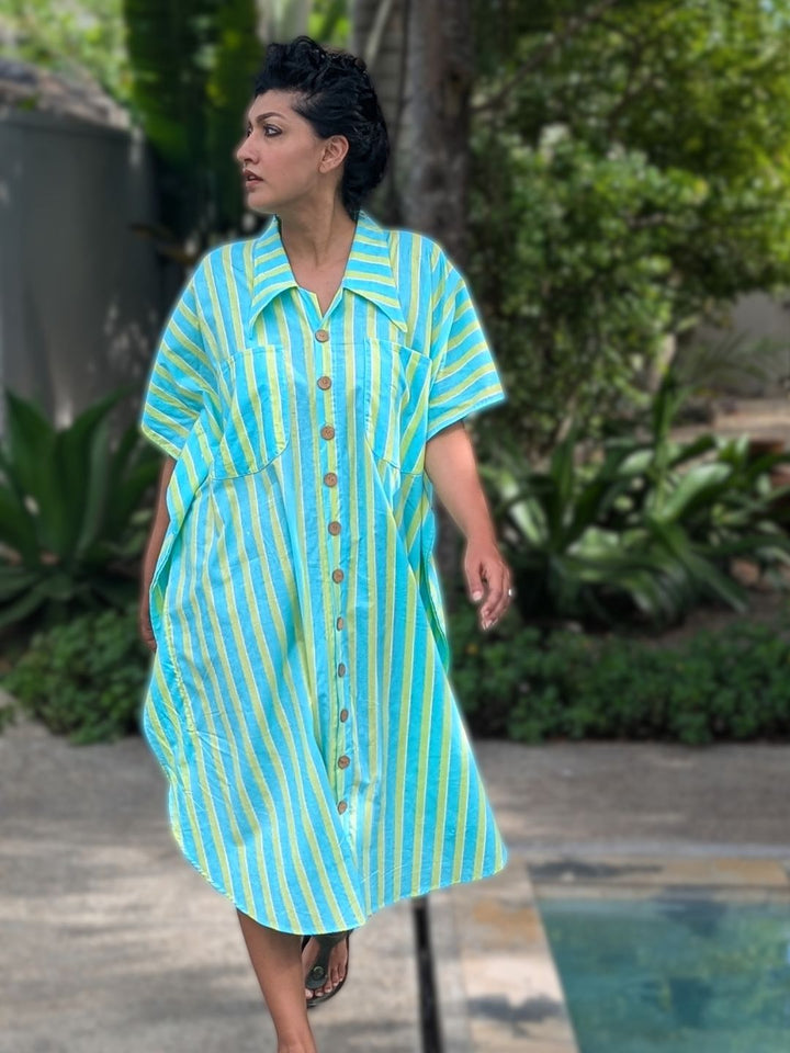 Women’s cotton no-bra nightshirt with built-in layered pockets and relaxed kaftan fit
