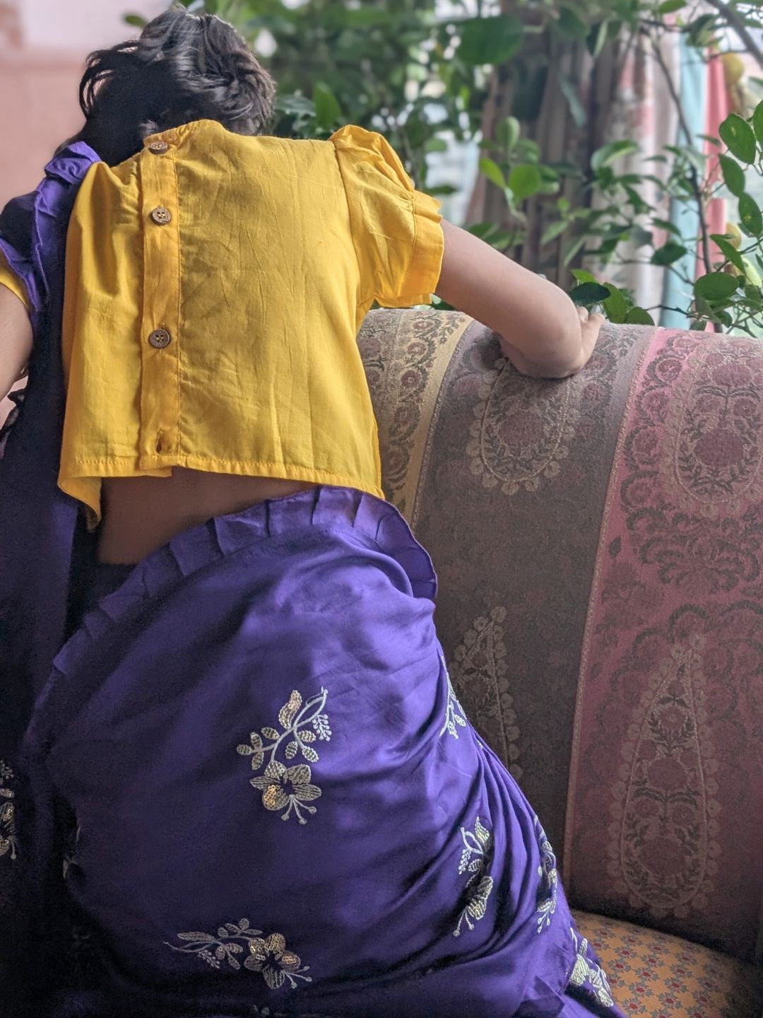 Purple Embroidered Prestitched Silk Saree for Girls