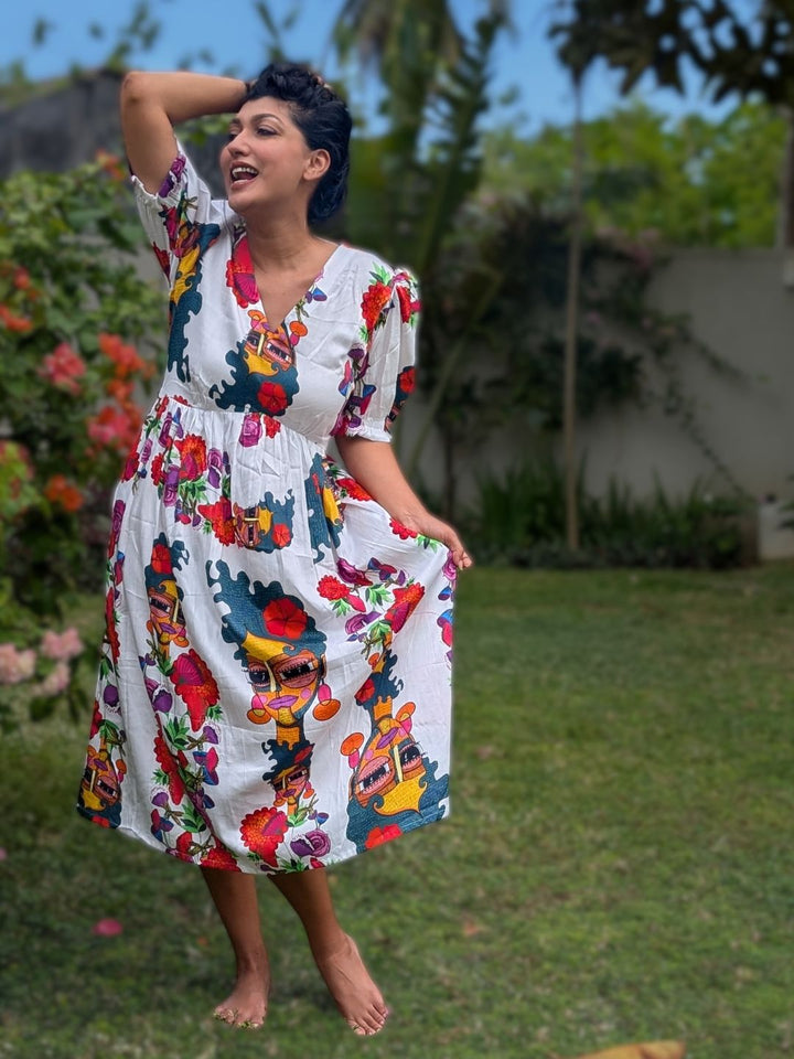 White Cotton Midi Dress with Colourful Boho Print