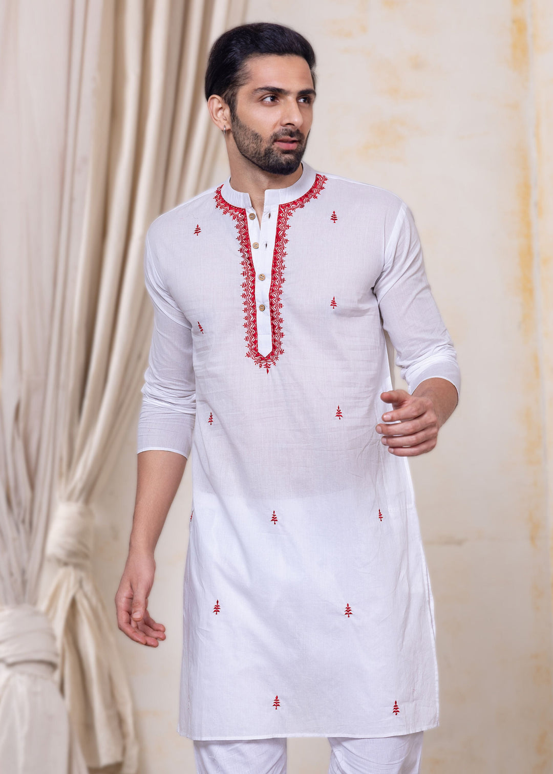 white cotton kurta with red elegant embroidery