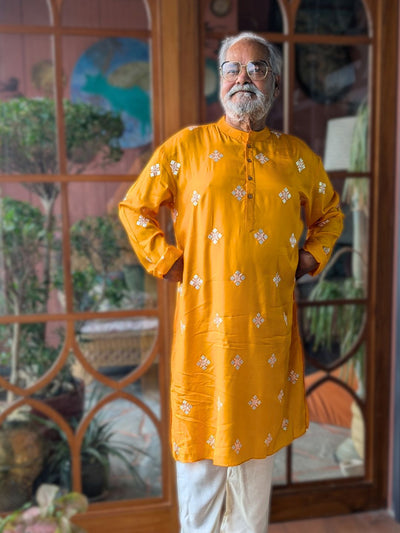 Embroidered Viscose Silk Men's Kurta | Kesar Yellow