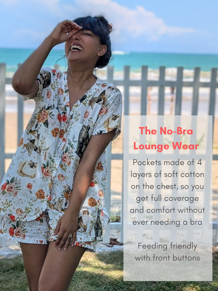Woman wearing a floral no-bra lounge wear outfit on a beach with promotional text overlay.