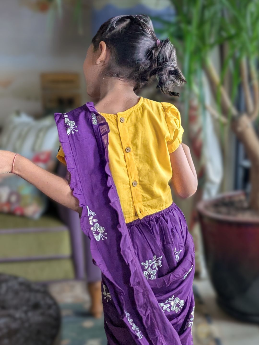 Purple Embroidered Prestitched Silk Saree for Girls