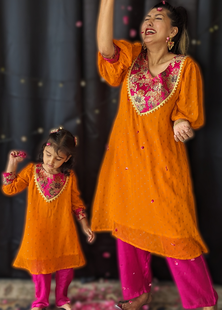 Orange Georgette Kurta with Pink Palazzo Pants | Girls &amp; Women