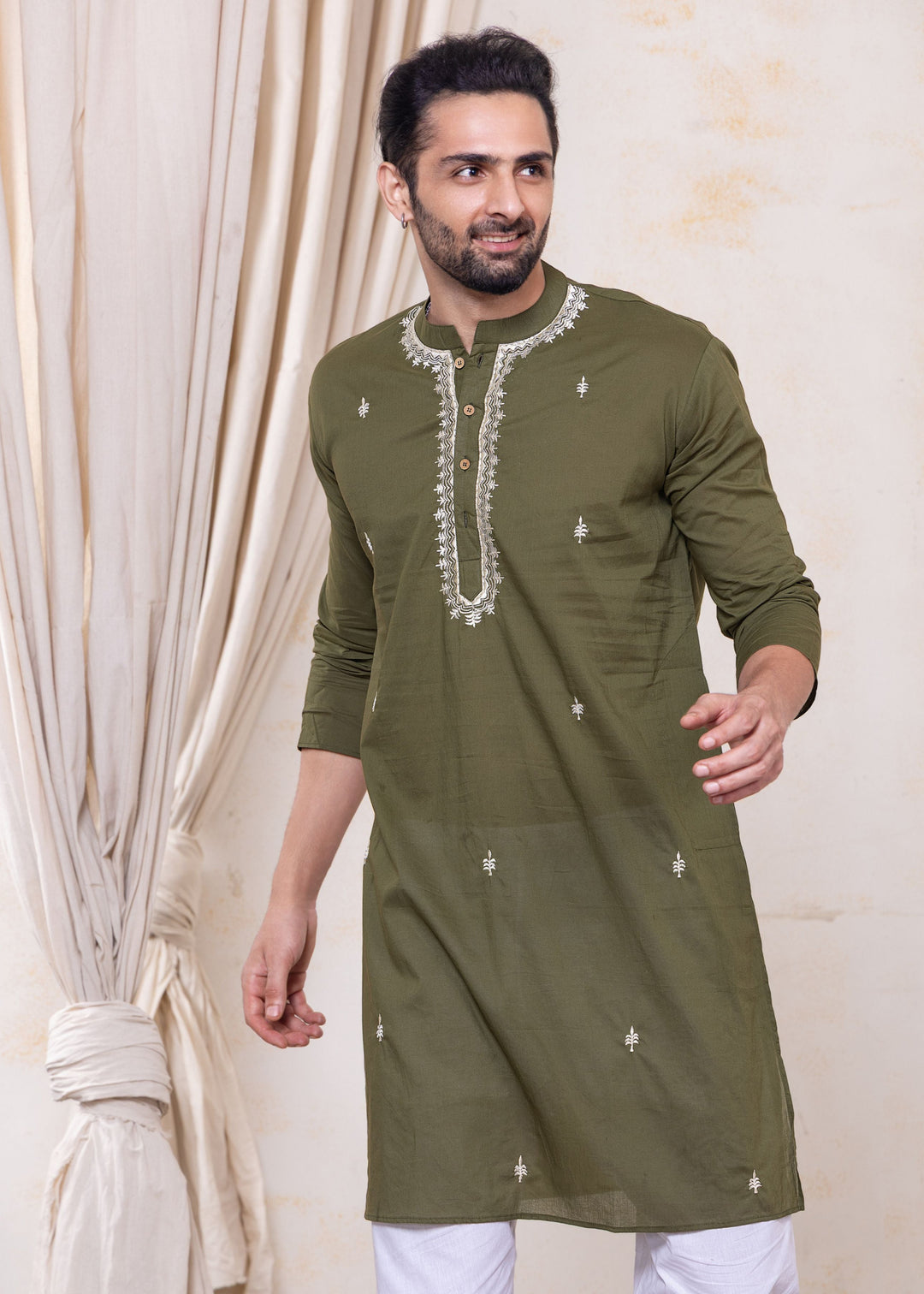 green cotton mens kurta with embroidery