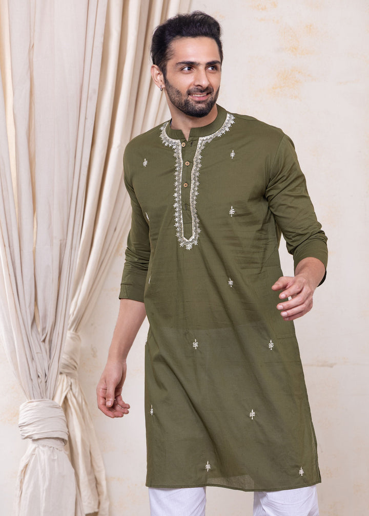 green cotton mens kurta with embroidery