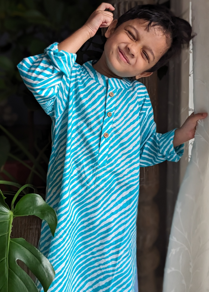 Cotton Malmal Kurta for Boys, Men | Leheriya Blue