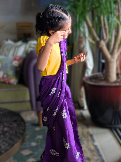 Purple Embroidered Prestitched Silk Saree for Girls