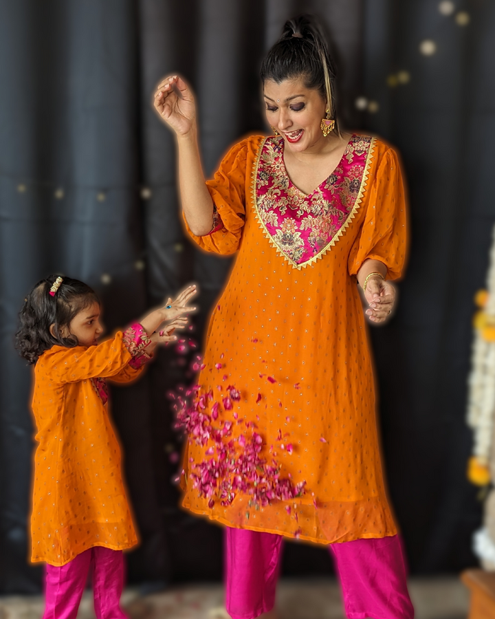 Orange Georgette Kurta with Pink Palazzo Pants | Girls &amp; Women