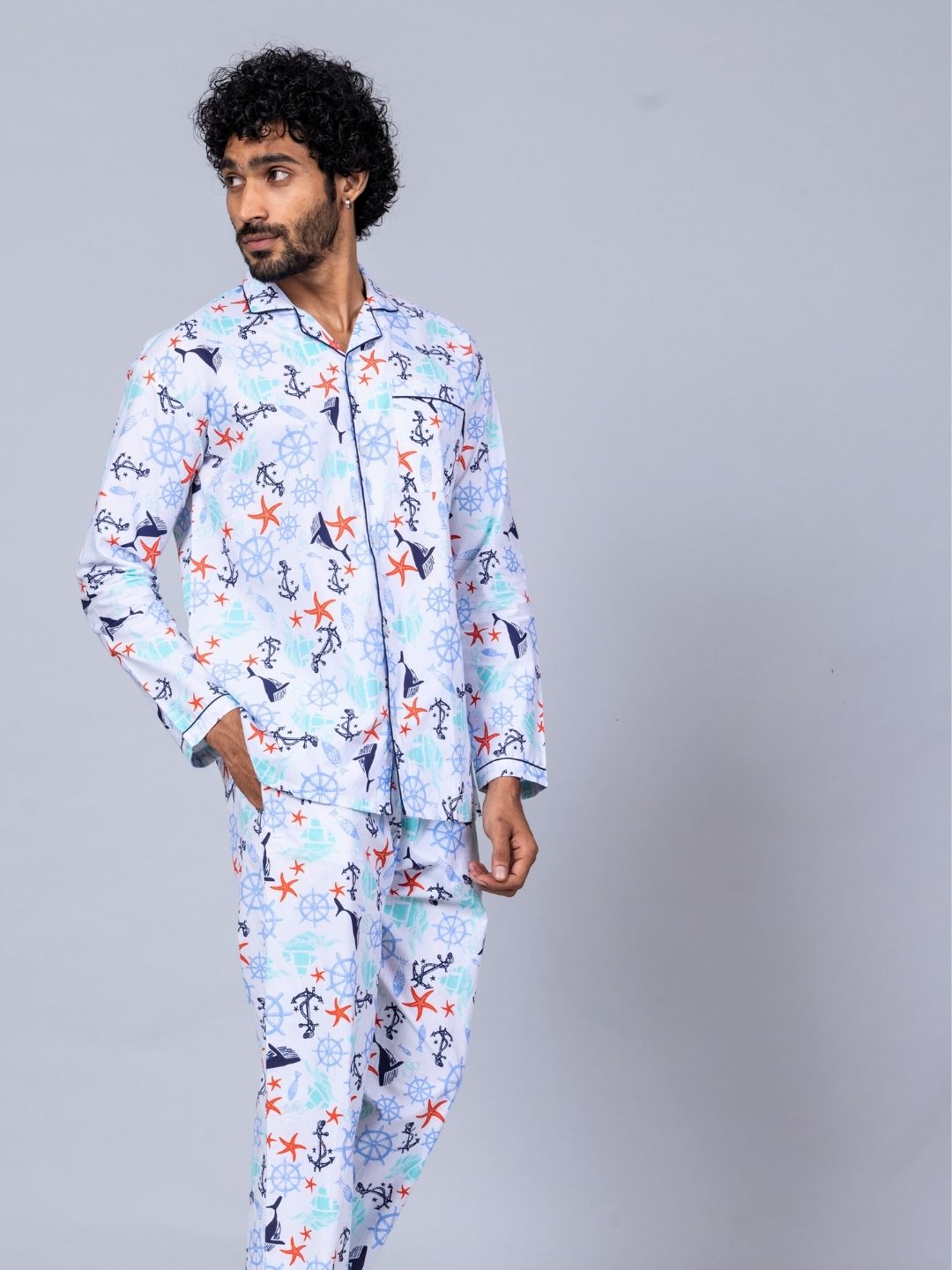 Nautical print men’s cotton night suit – summer cotton loungewear
