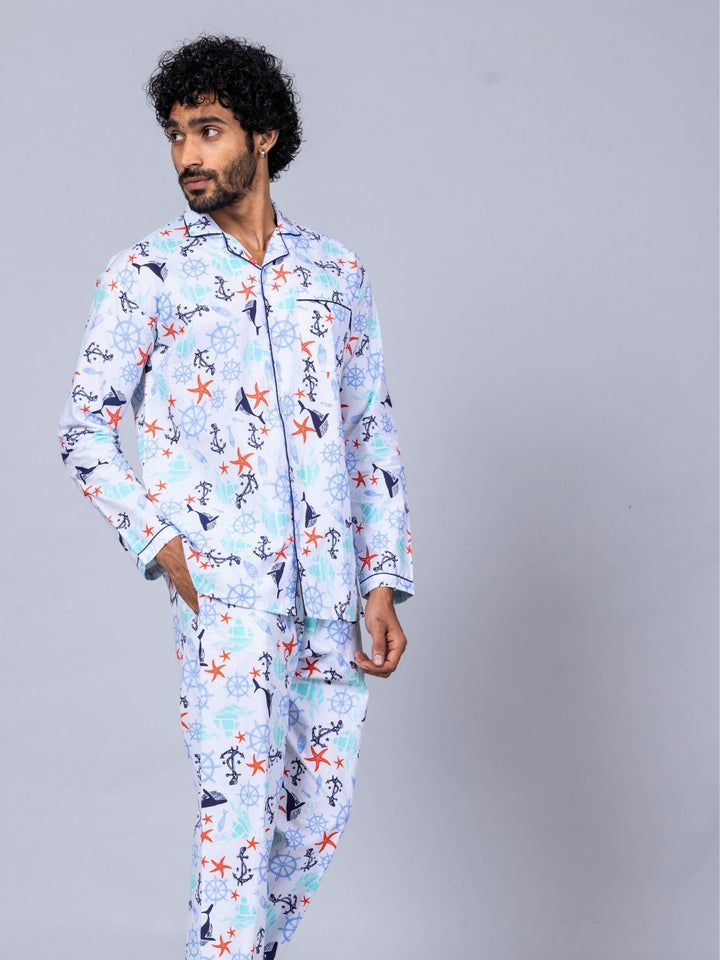 Nautical print men’s cotton night suit – summer cotton loungewear