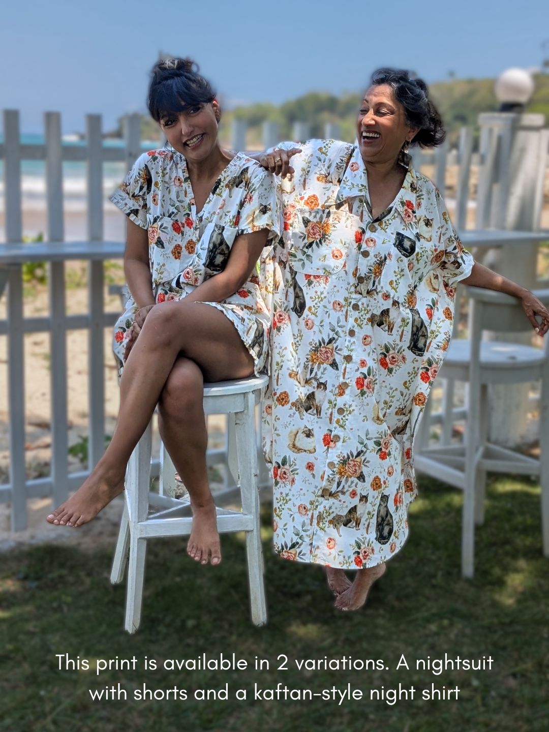 mother and daughter vacation twinning in no bra night suits and kaftans
