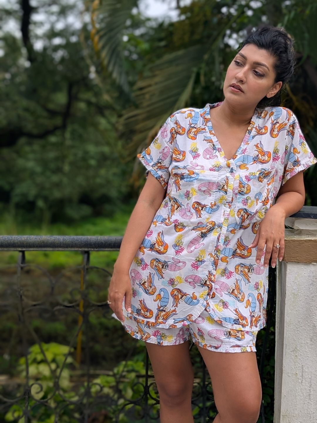 Women's 'No Bra' Night Suit Shorts Set | Mermaid White