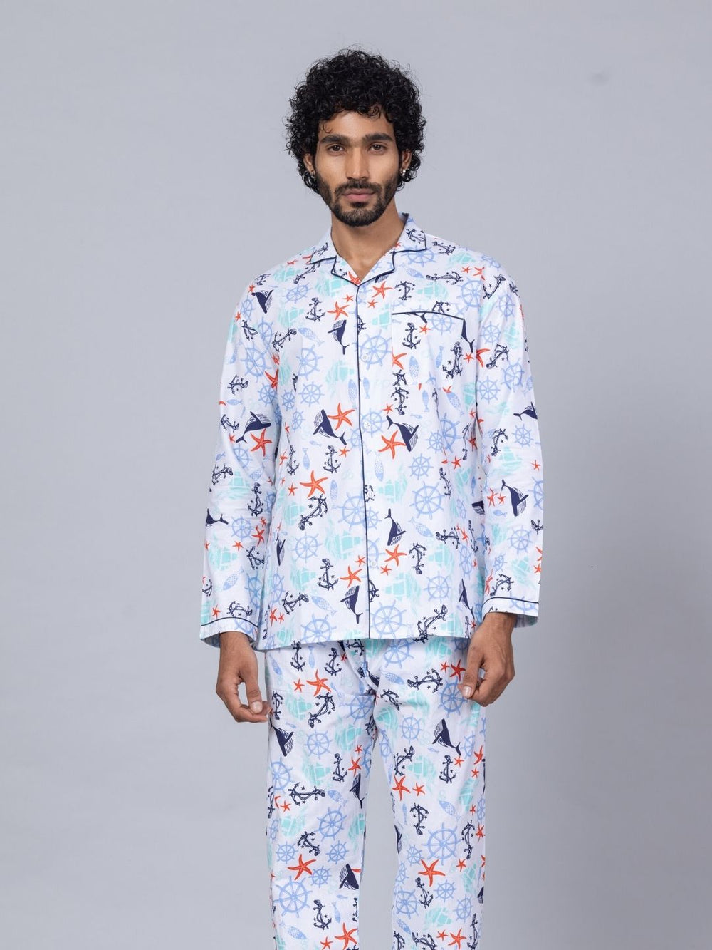 Nautical print men’s cotton night suit – summer cotton loungewear