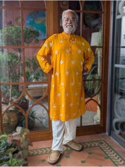Embroidered Viscose Silk Men's Kurta | Kesar Yellow