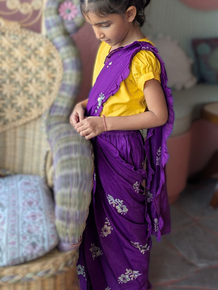 Purple Embroidered Prestitched Silk Saree for Girls