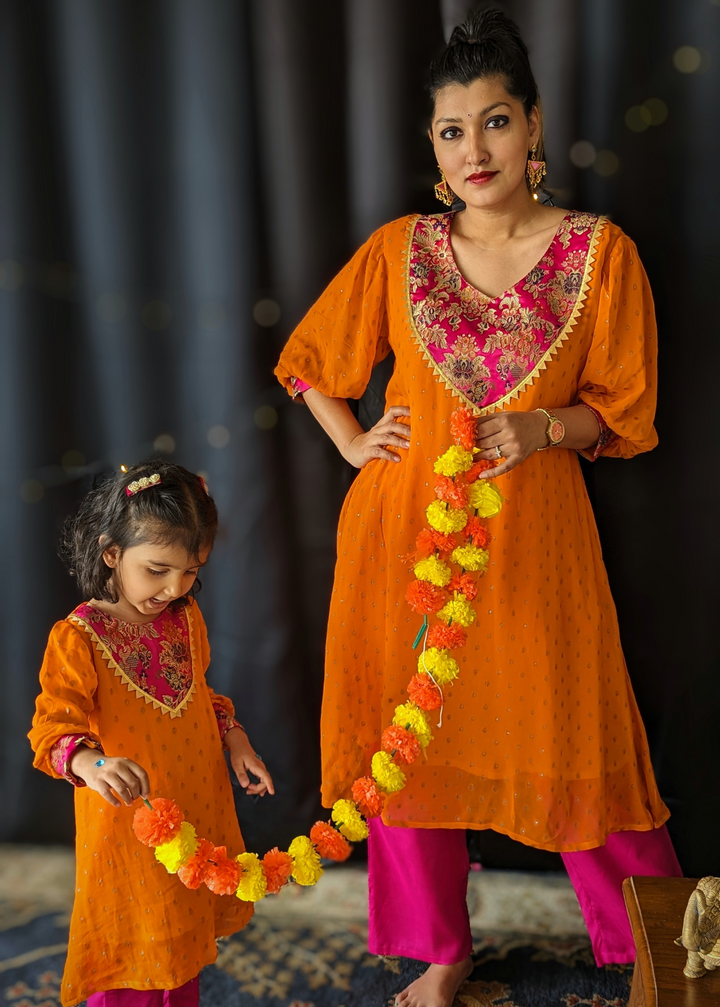 Orange Georgette Kurta with Pink Palazzo Pants | Girls &amp; Women
