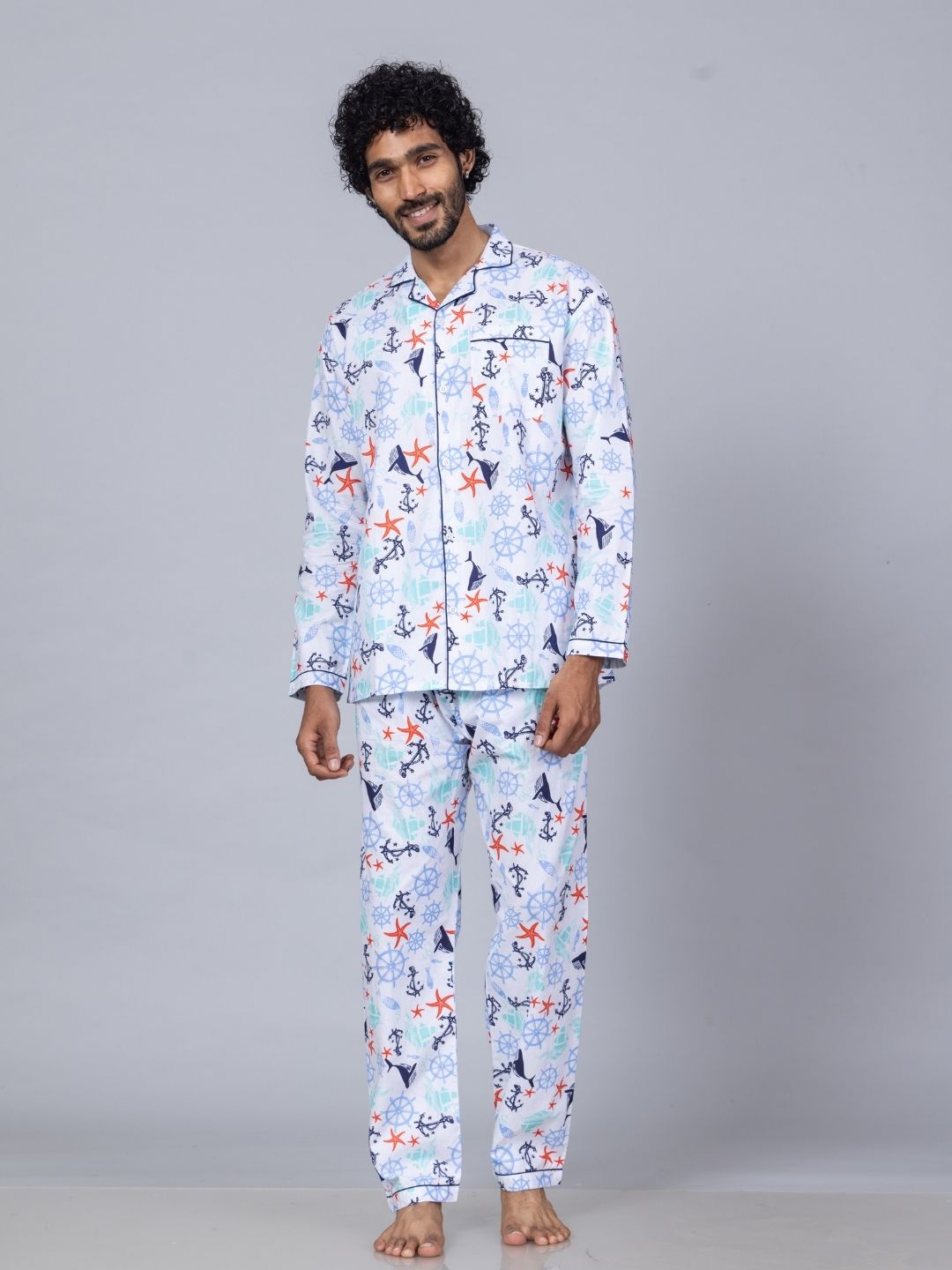 Nautical print men’s cotton night suit – summer cotton loungewear
