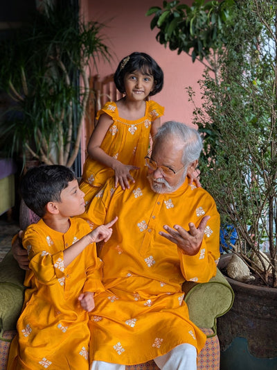 Embroidered Viscose Silk Kurta for Boys, Men | Kesar Yellow