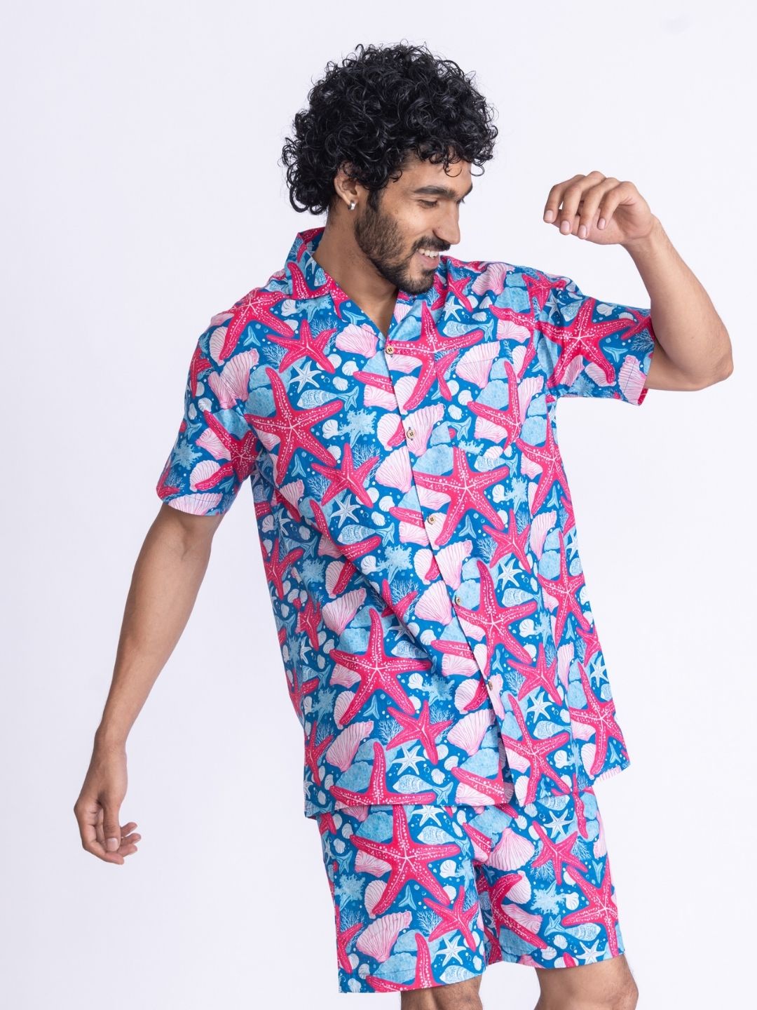 Men’s Cotton Shirt &amp; Shorts Set – Starfish Print | Summer Co-ord by Tura Turi