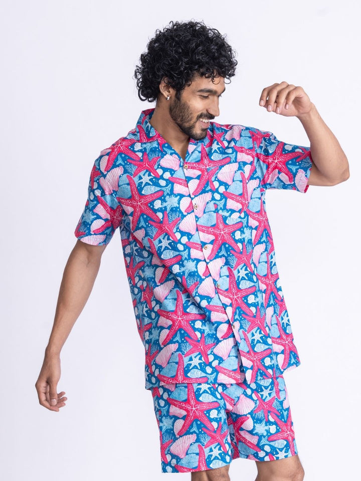 Men’s Cotton Shirt &amp; Shorts Set – Starfish Print | Summer Co-ord by Tura Turi