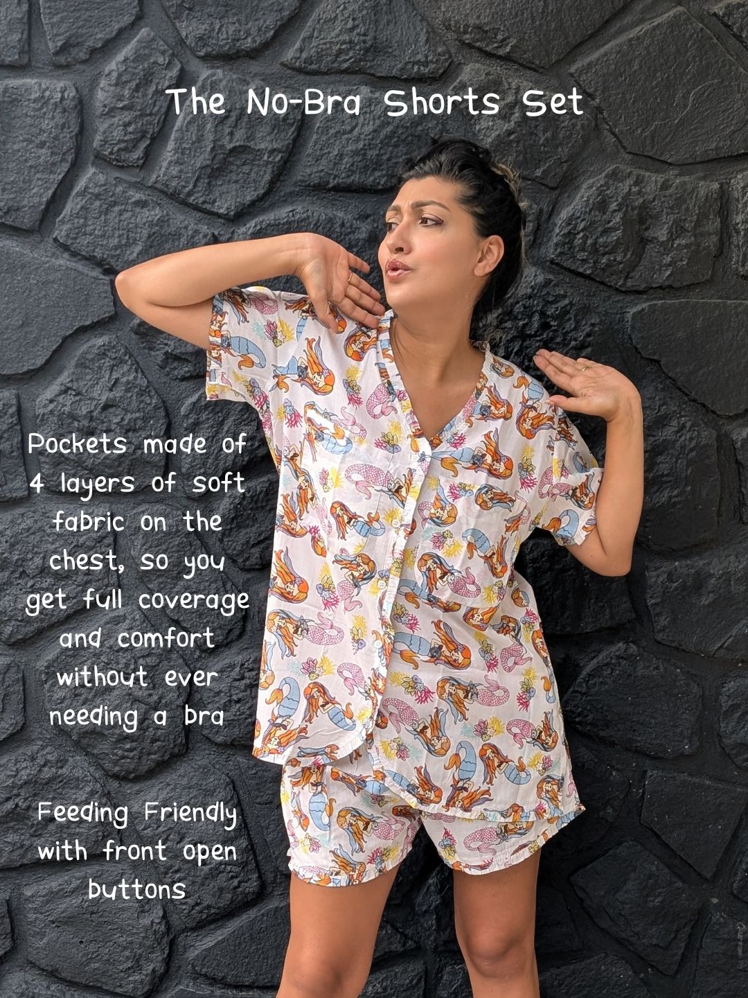 Women's 'No Bra' Night Suit Shorts Set | Mermaid White