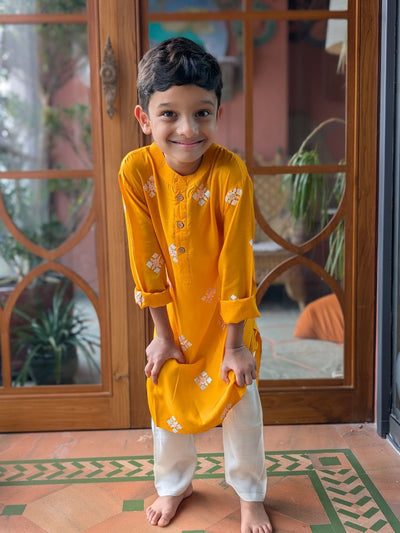 Embroidered Viscose Silk Kurta for Boys, Men | Kesar Yellow