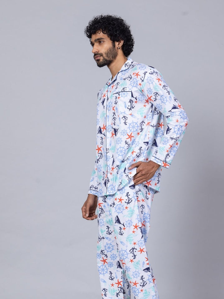 Nautical print men’s cotton night suit – summer cotton loungewear