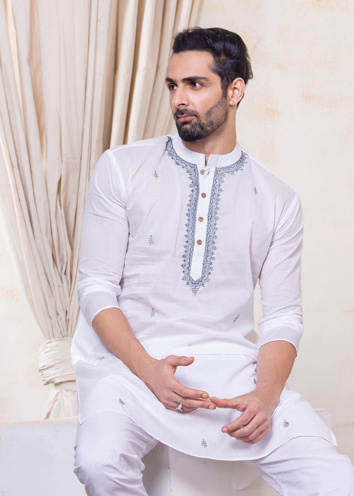 White &amp; Grey Embroidered Malmal Men&