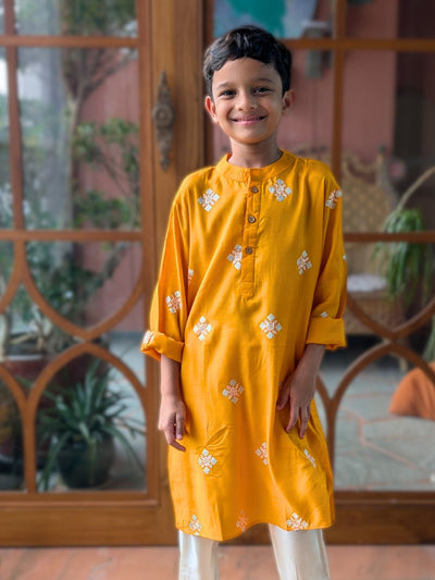 Embroidered Viscose Silk Kurta for Boys, Men | Kesar Yellow