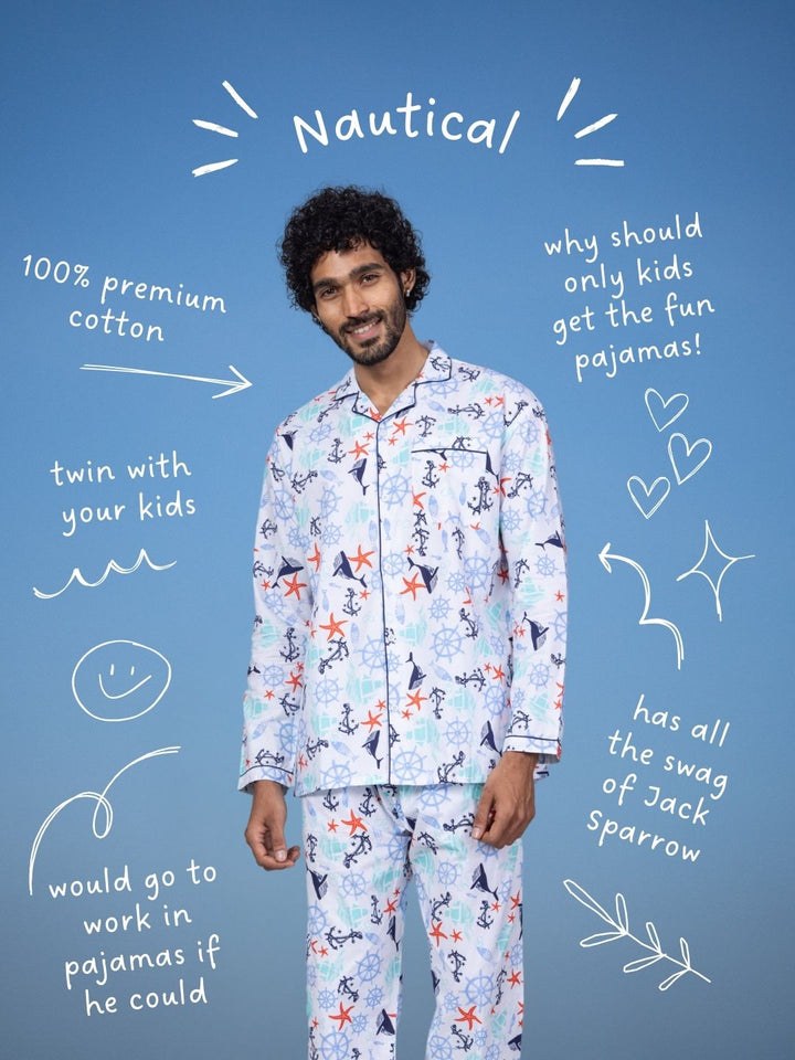 Nautical print men’s cotton night suit – summer cotton loungewear