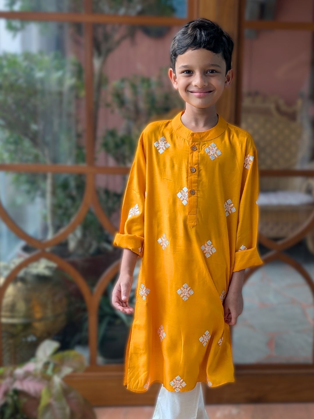 Embroidered Viscose Silk Kurta for Boys, Men | Kesar Yellow