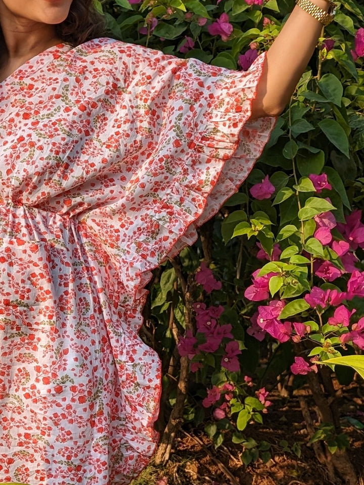 Bougainvillea print women’s cotton beach kaftan – tropical summer fashion