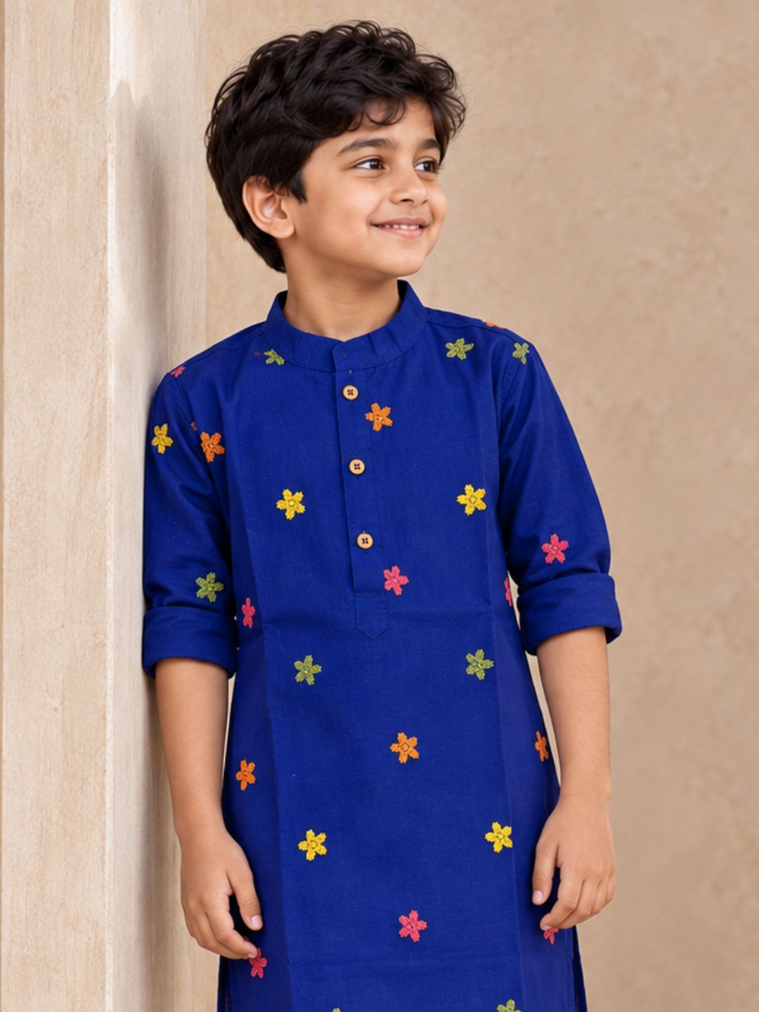blue cotton boys kurta with kuchhi embrooidery for dandiya and navratri