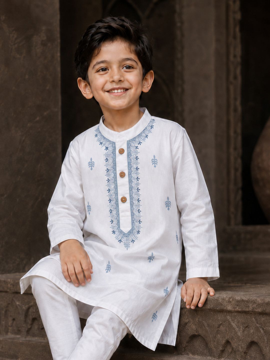 White &amp; Blue Embroidered Malmal Kurta | Newborn to Adult - a soft malmal cotton kurta for newborns | Tura Turi