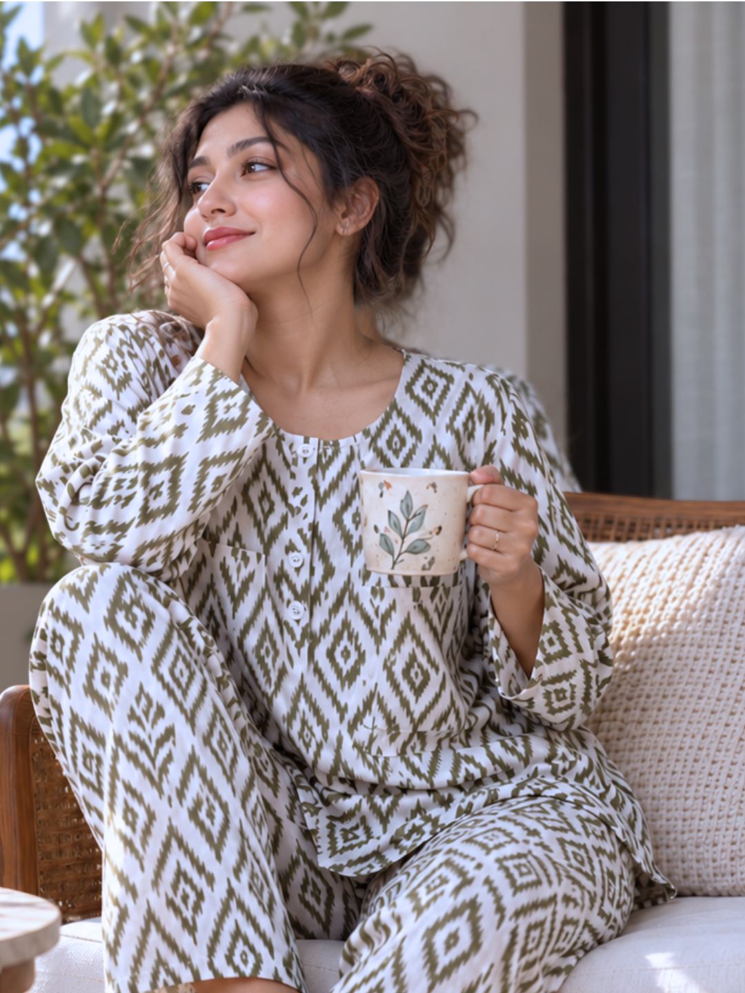 cotton mulmul braless nightsuit for women in ikat print
