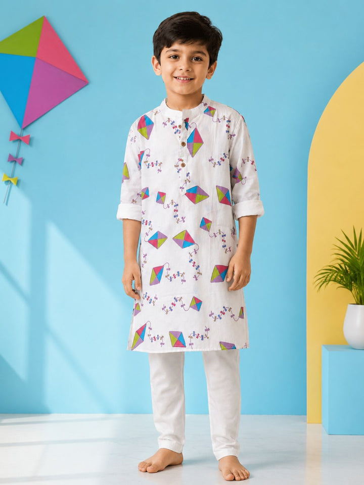Close up of colourful kite print on soft cotton malmal kurta fabric