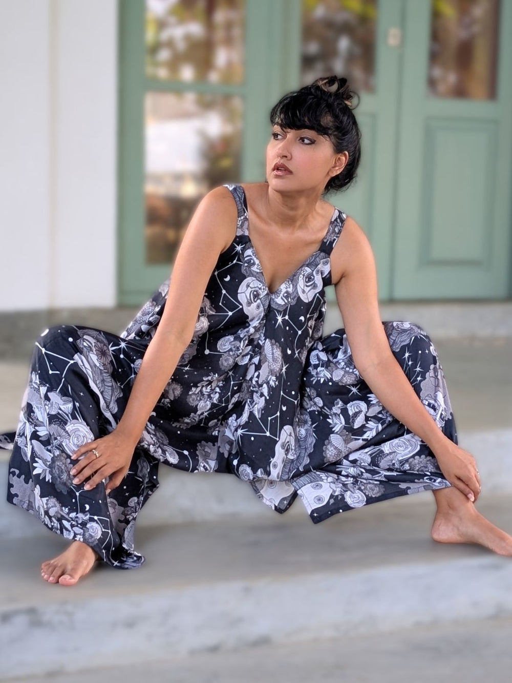 Women’s bohemian stylish resort wear cotton jumpsuit with relaxed drape and pockets