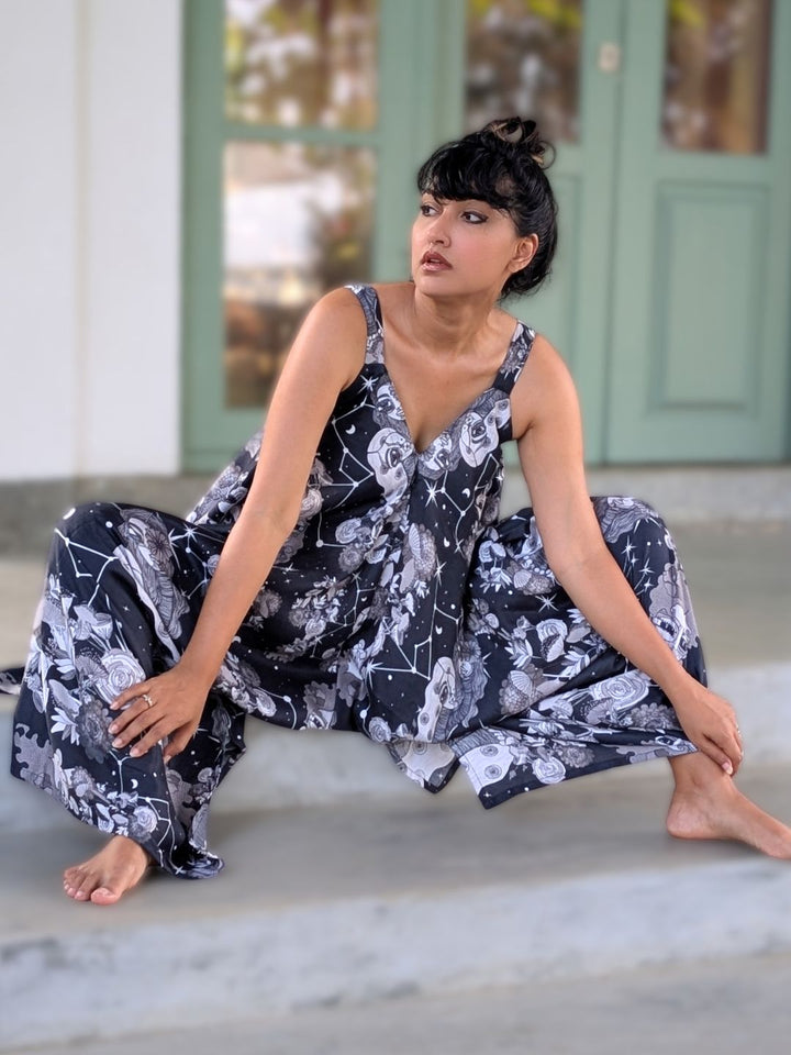 Women’s bohemian stylish resort wear cotton jumpsuit with relaxed drape and pockets