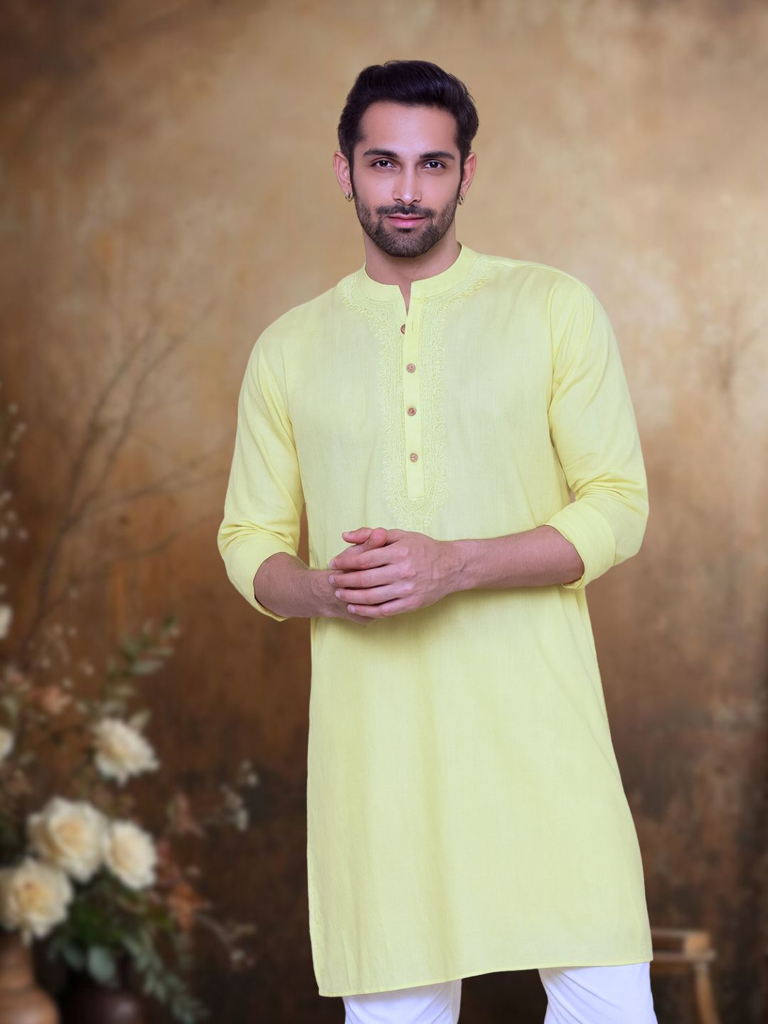 Embroidered Cotton Men's Kurta | Pastel Yellow