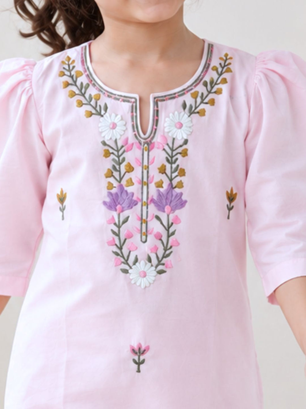 Girls embroidered cotton mulmul kurta in baby pink, Tura Turi Bella print