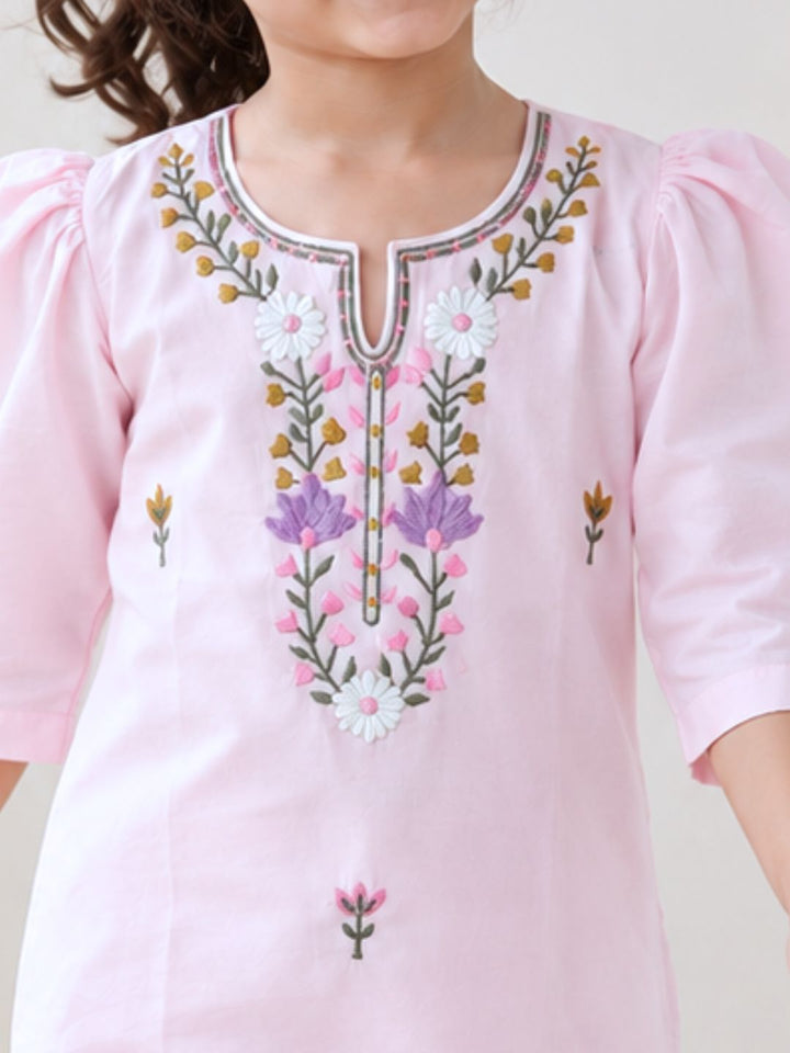 Girls embroidered cotton mulmul kurta in baby pink, Tura Turi Bella print