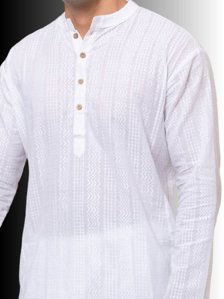 White self-design cotton kurta with textured lappet weave and buttons