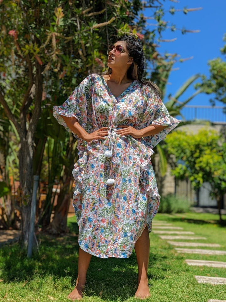 Sea Horse print women’s cotton beach kaftan – breathable summer wear.