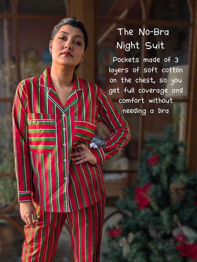 Person wearing a red and green striped night suit with text about the product.
